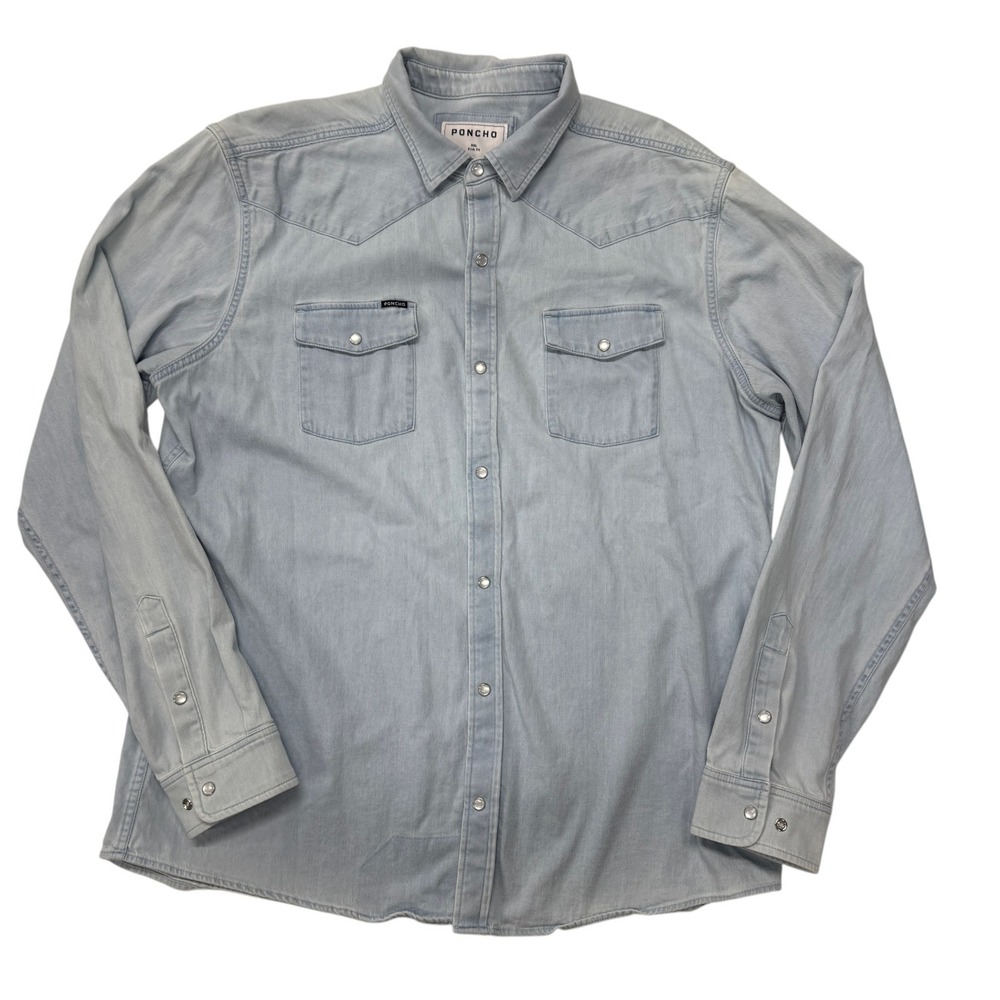 Poncho Mens XXL Slim Fit Western Denim Shirt Light Wash Pearl Snap Long Sleeve